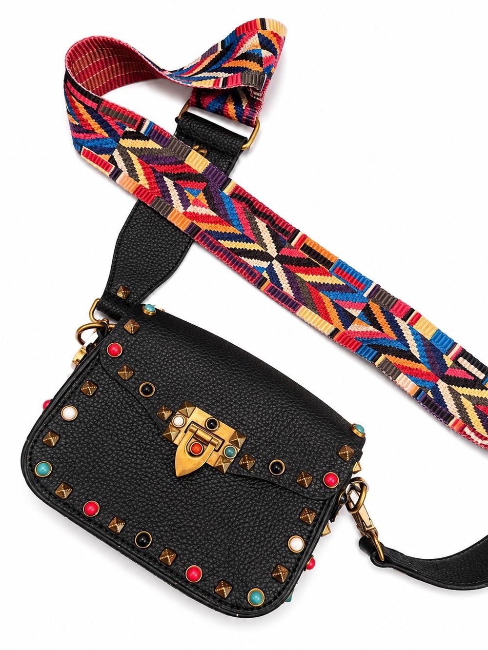 Genuine Leather Guitar Rolling Stud Shoulder Bag w/Strap • Black/Studs • New - Picture 2 of 7